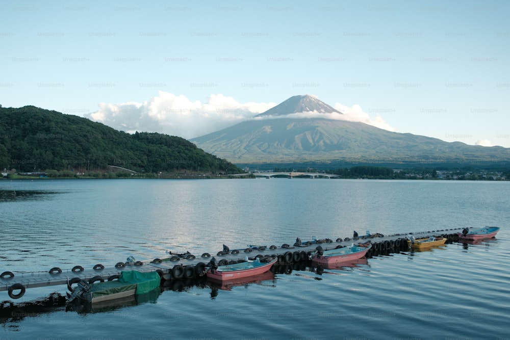 a row of canoes tied to a dock with a mountain in the background