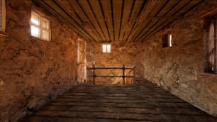 una camera con pavimento in legno e pareti in pietra