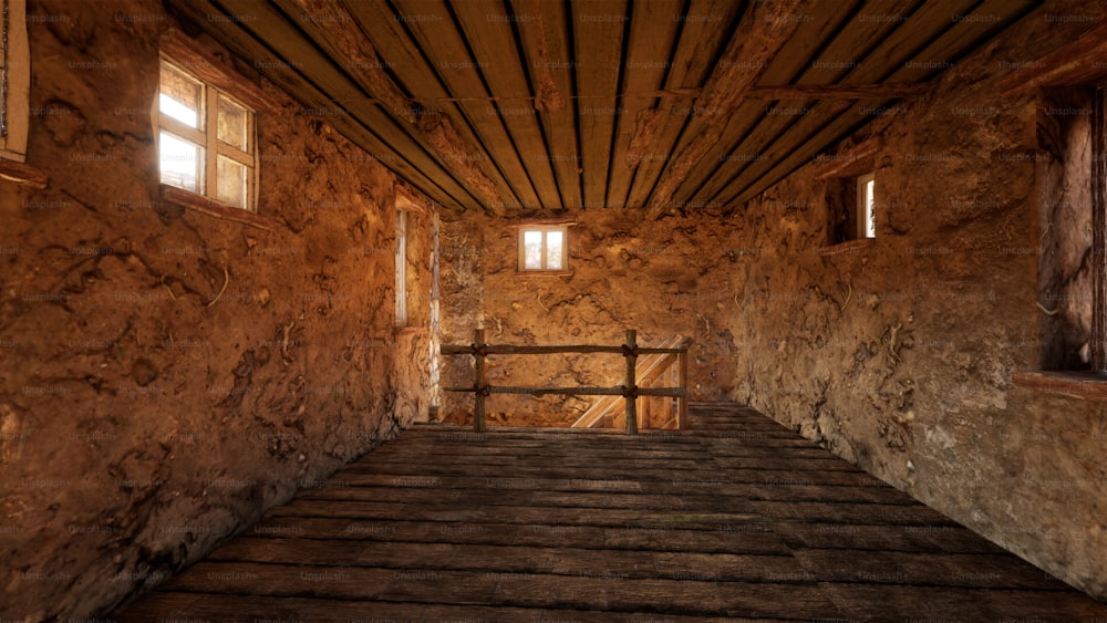 a room with a wooden floor and stone walls