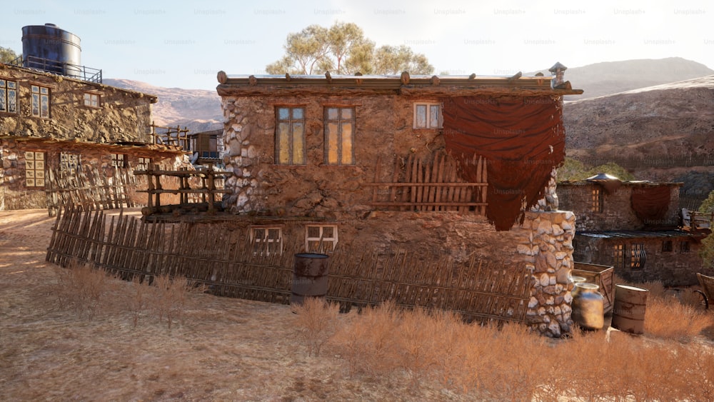 uma casa feita de pedras e madeira em um campo