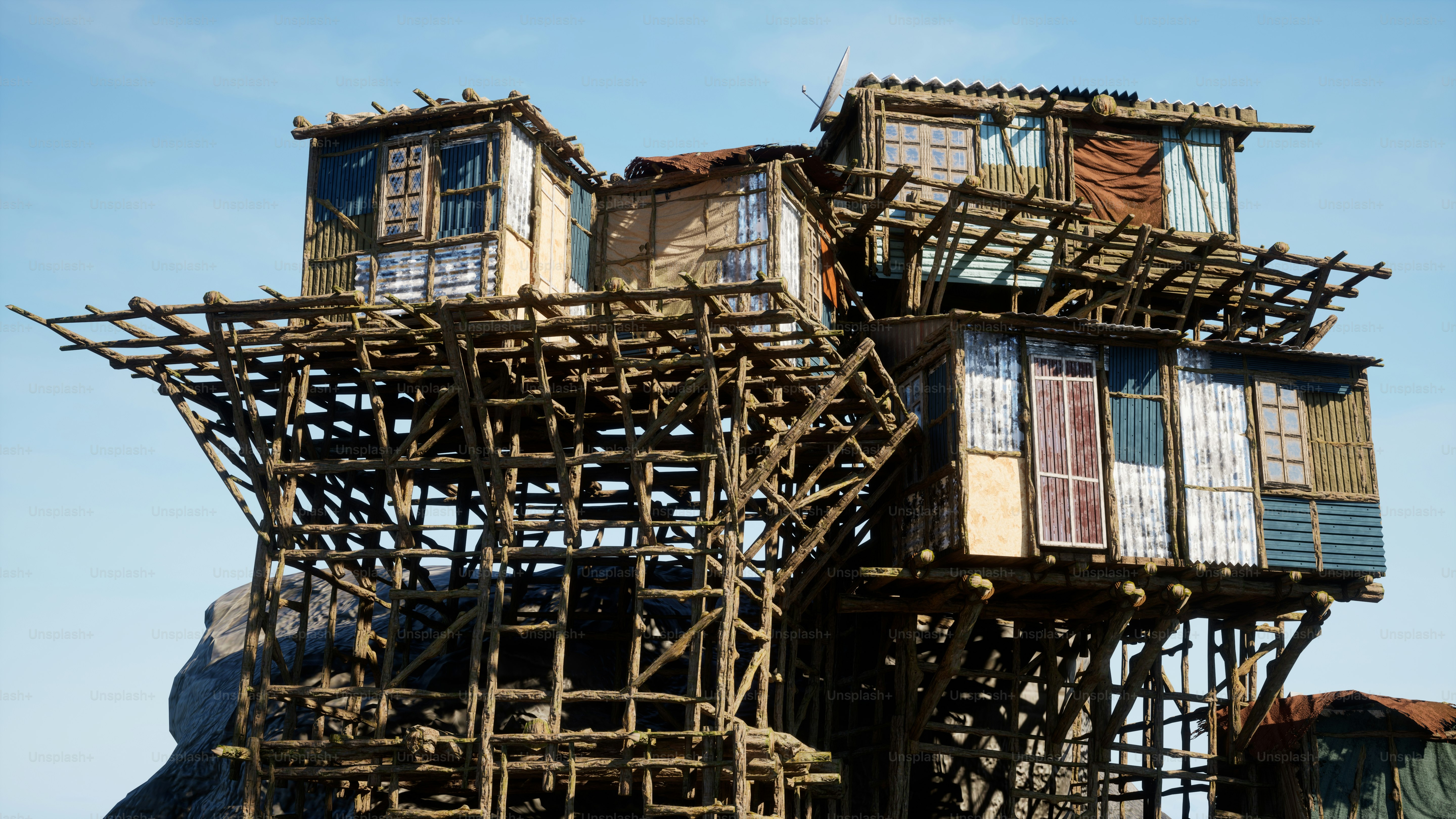 a wooden structure with multiple windows on top of it