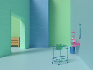 a blue and green room with a shelf and a mirror