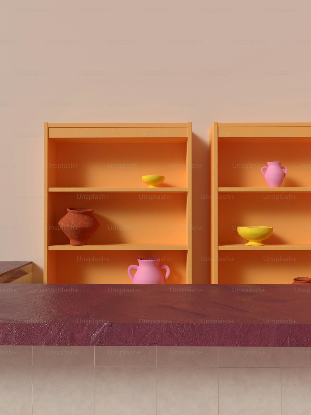 a shelf with two vases on top of it