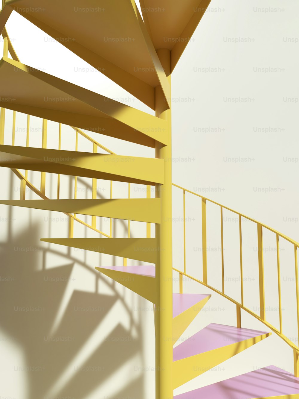 uma escada em espiral amarela com degraus rosa e amarelo