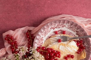 a piece of cake with berries on a plate with a fork