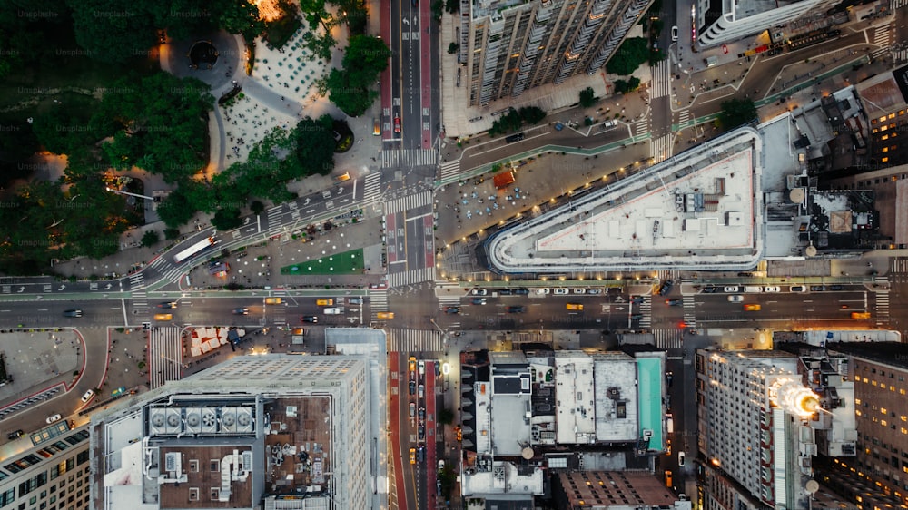 an aerial view of a city intersection at night