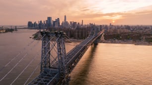 an aerial view of a bridge in a city