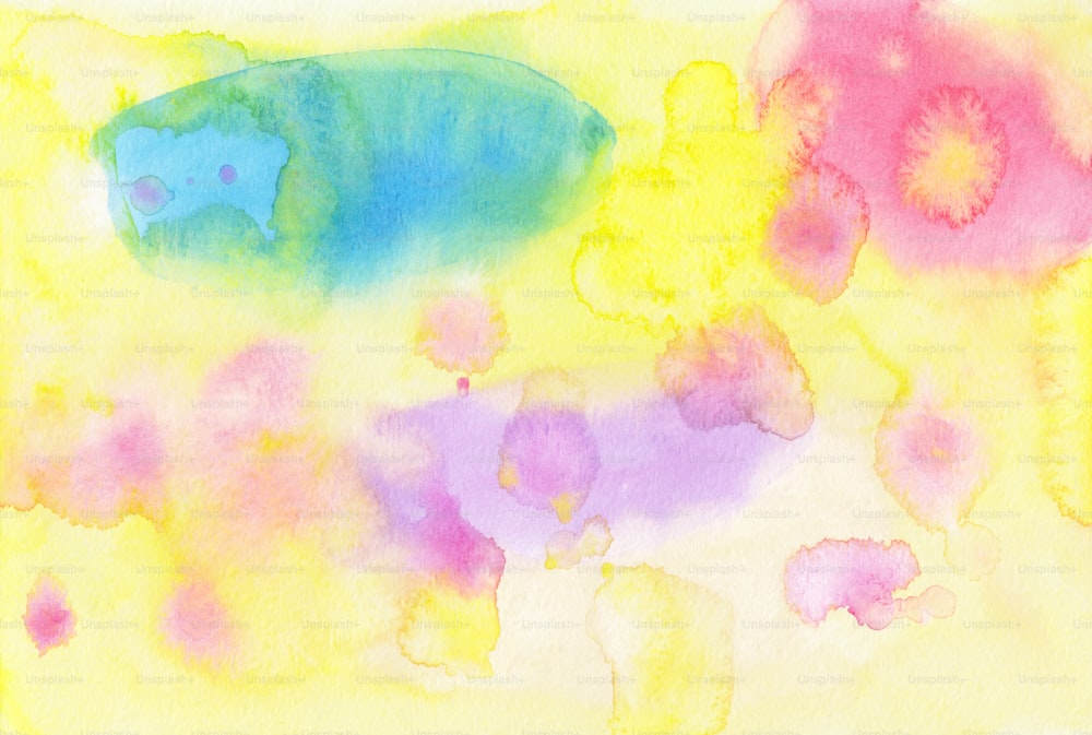 a watercolor painting of a blue, yellow, and pink bear