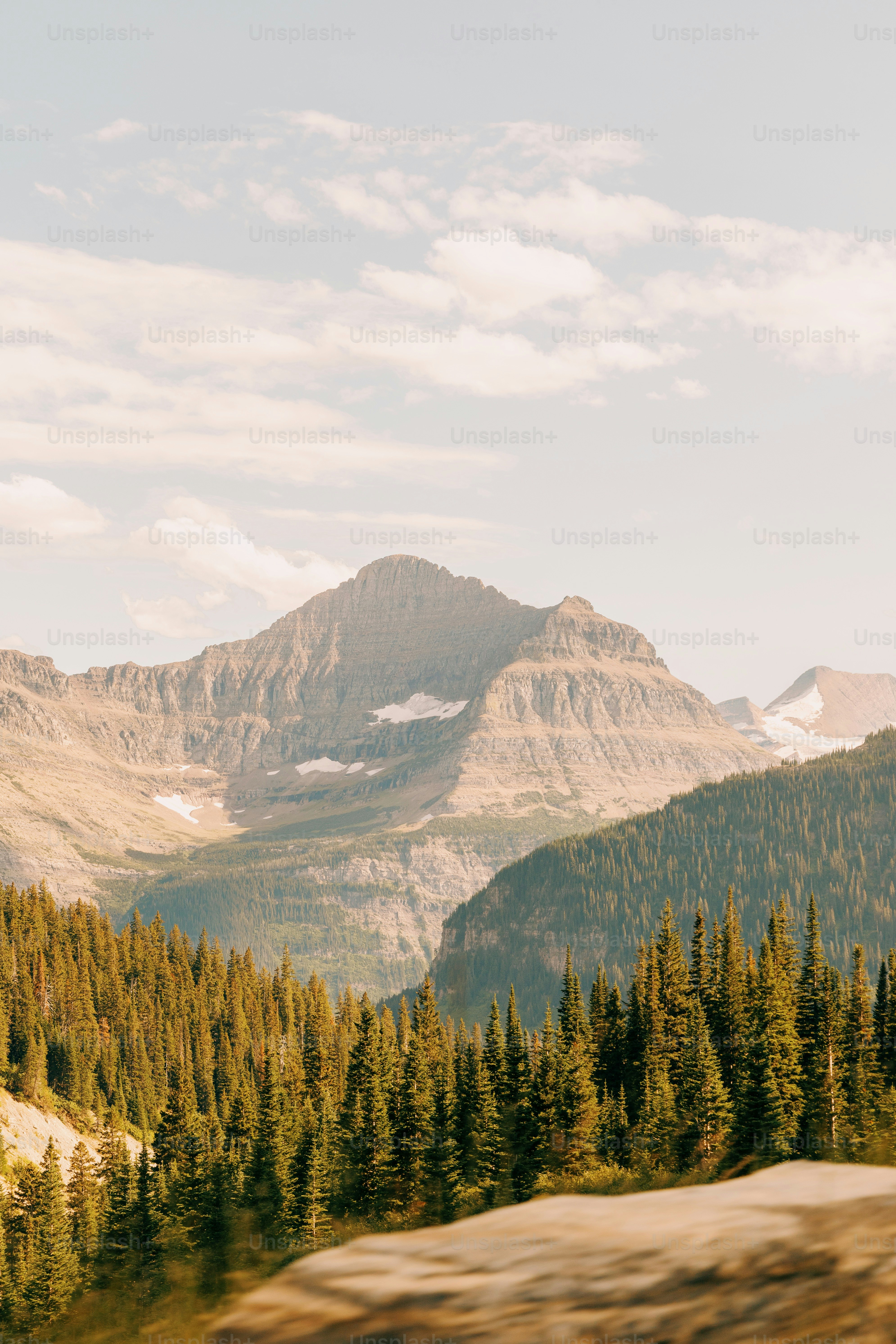 a scenic view of a mountain range with trees in the foreground
