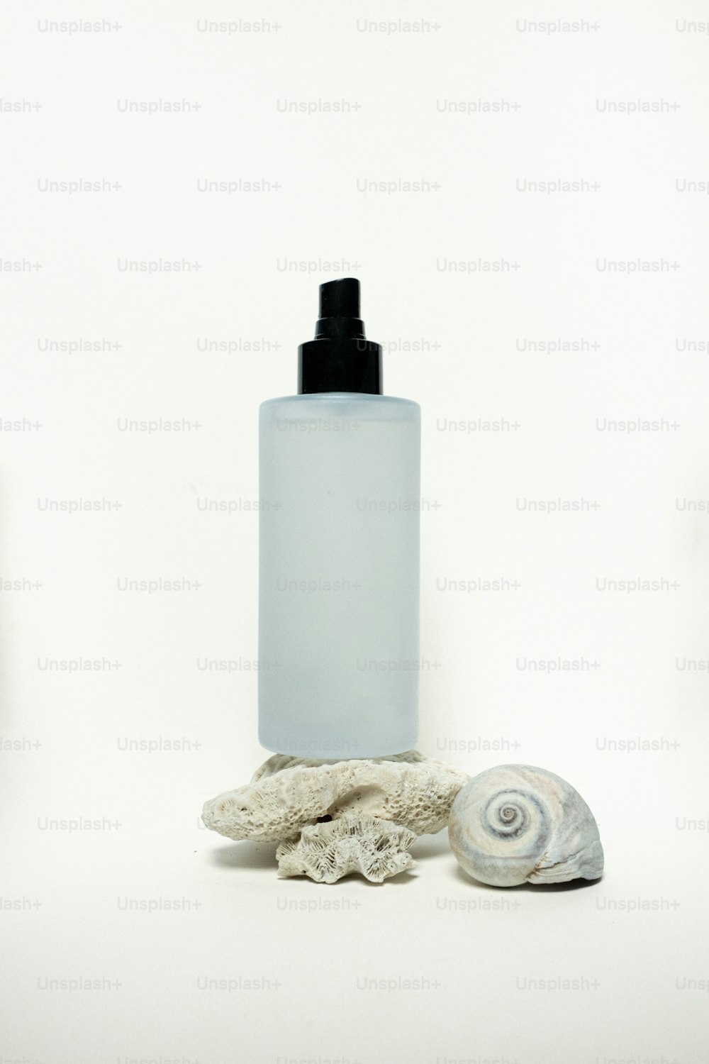 a bottle of soap next to a sea shell