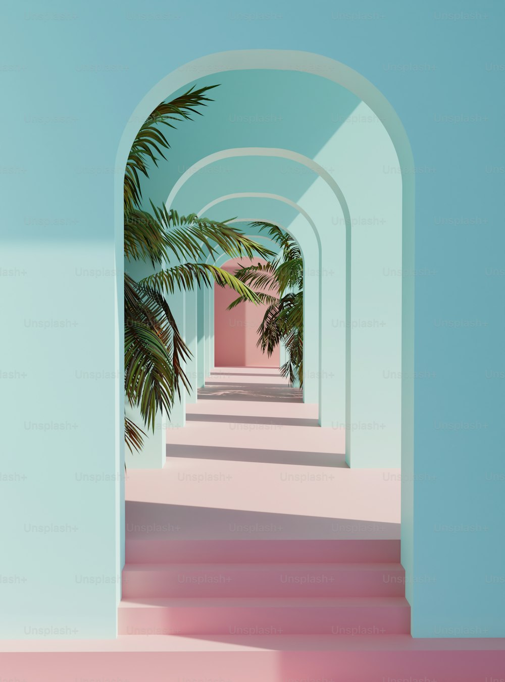 a long hallway with a palm tree in the middle of it