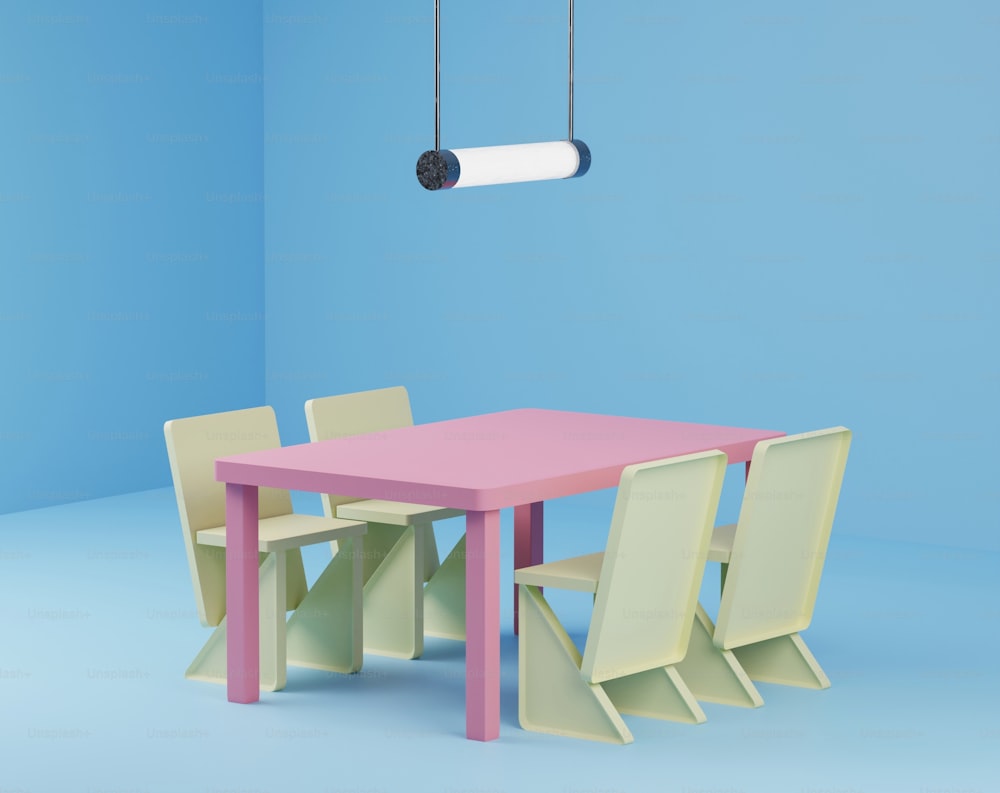 Una mesa y sillas rosadas en una habitación azul