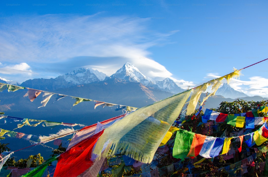 a bunch of colorful flags are hanging in front of a mountain