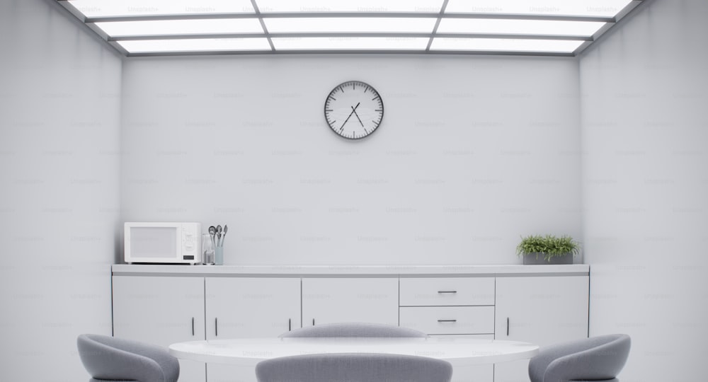 a white table with two chairs and a clock on the wall
