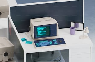 um monitor de computador sentado em cima de uma mesa branca