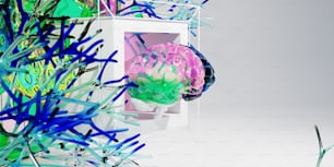 a white box with a pink and green brain inside of it