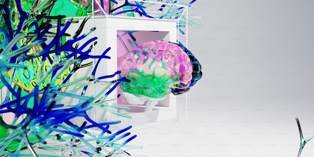 a white box with a pink and green brain inside of it