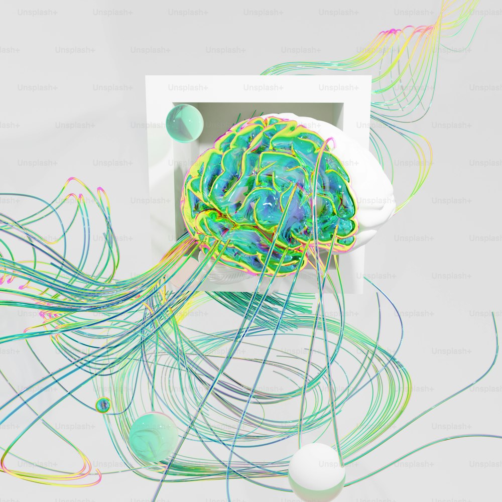 a model of a human brain surrounded by wires