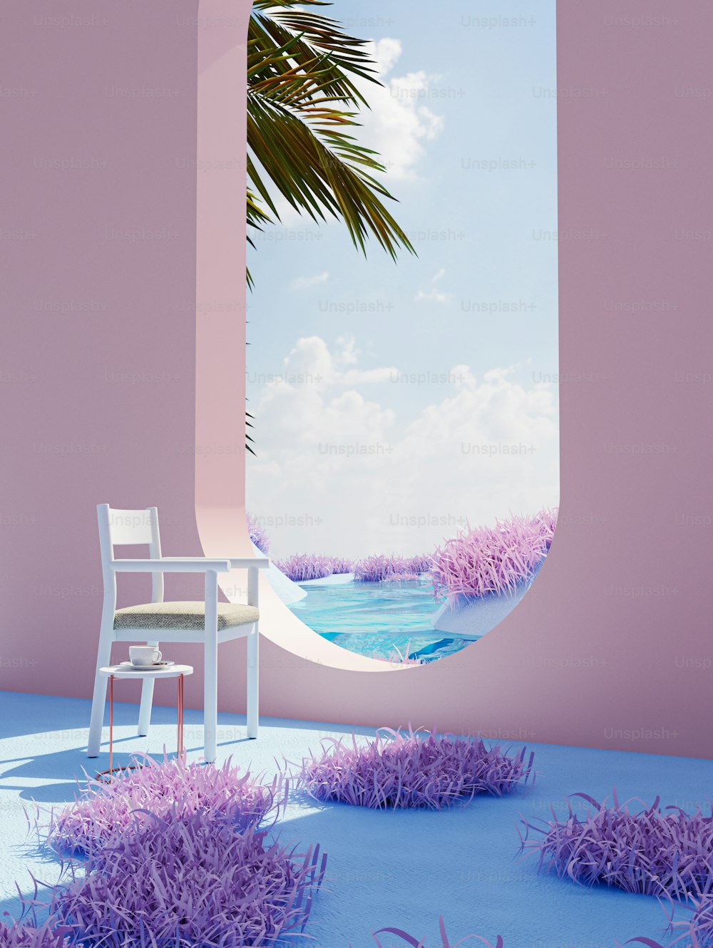 a room with a chair and a palm tree