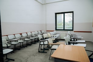 an empty classroom with desks and chairs