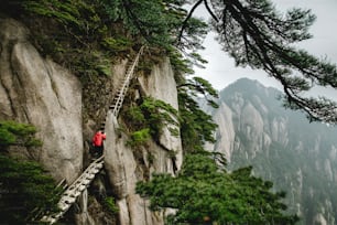 a man standing on a ladder leading to the top of a mountain