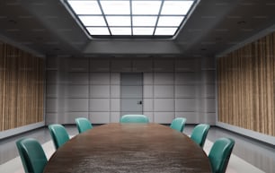 una sala de conferencias con una mesa de madera y sillas azules