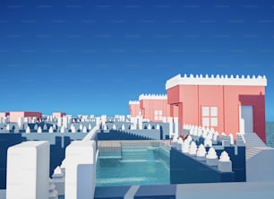 수영장이 있는 도시의 컴퓨터 생성 이미지