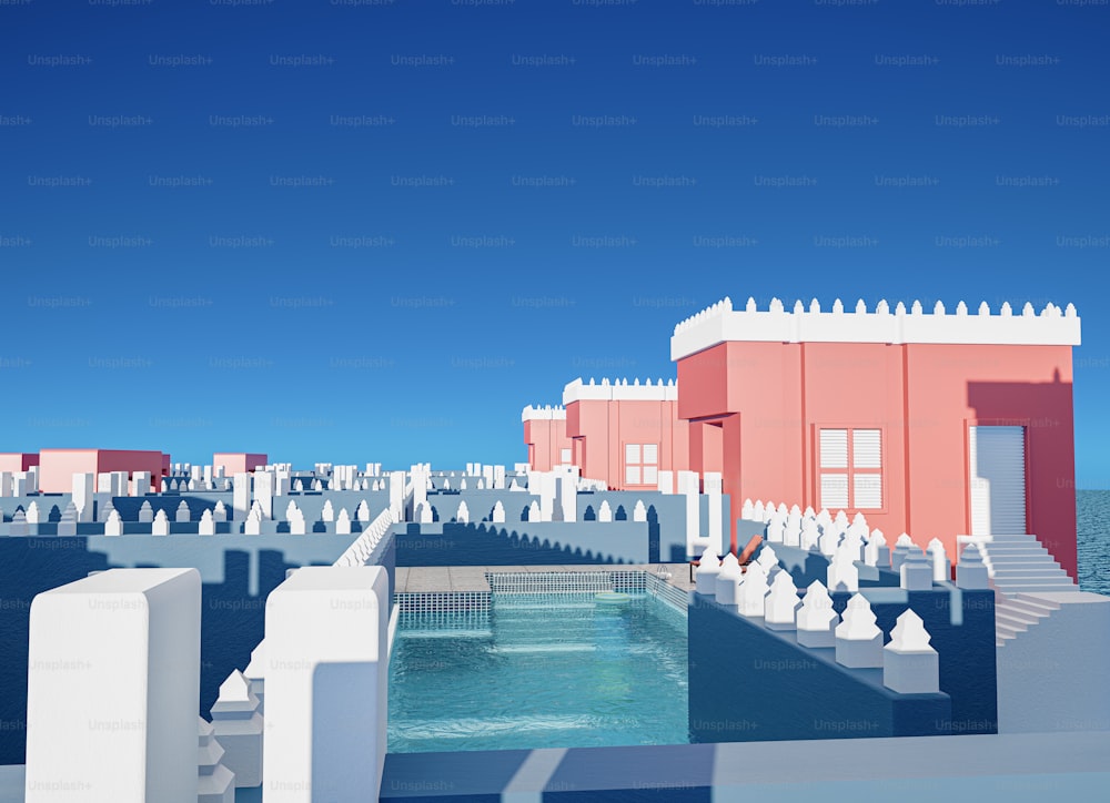 a computer generated image of a city with a pool