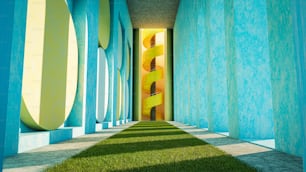 Un largo pasillo con hierba y paredes azules