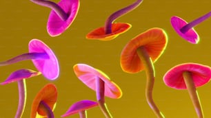 a group of colorful mushrooms on a yellow background