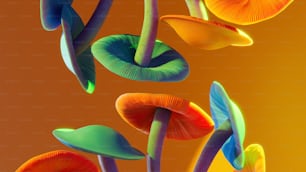 Un gruppo di funghi colorati su uno sfondo giallo