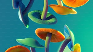 Un grupo de hongos de colores flotando en el aire