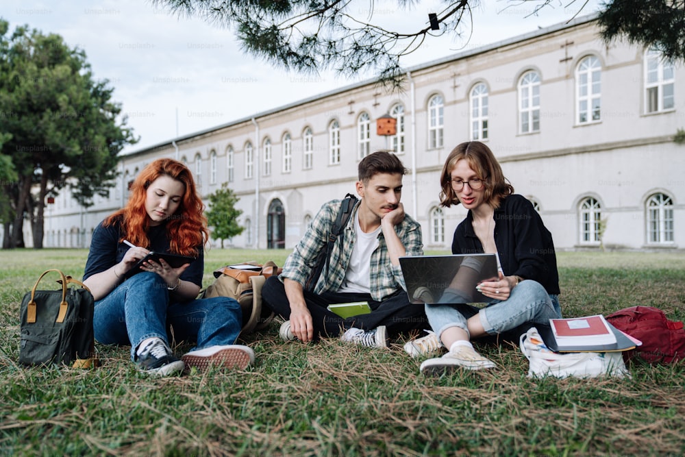 three people sitting on the grass looking at a laptop