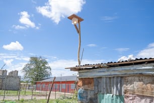 a street light on top of an old building