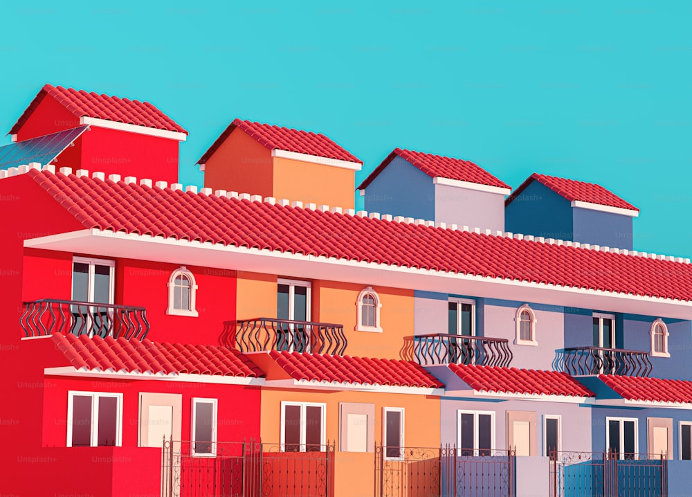 una fila di case multicolori con balconi e balconi su