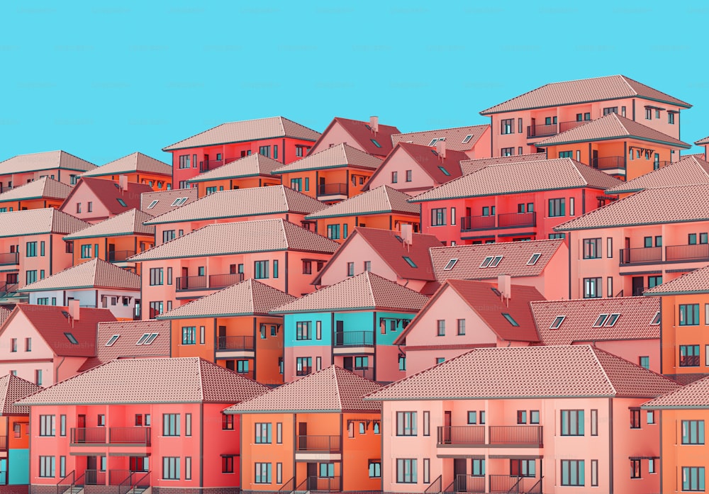 a large group of houses with red roofs