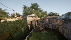 a group of wooden buildings sitting on top of a lush green forest