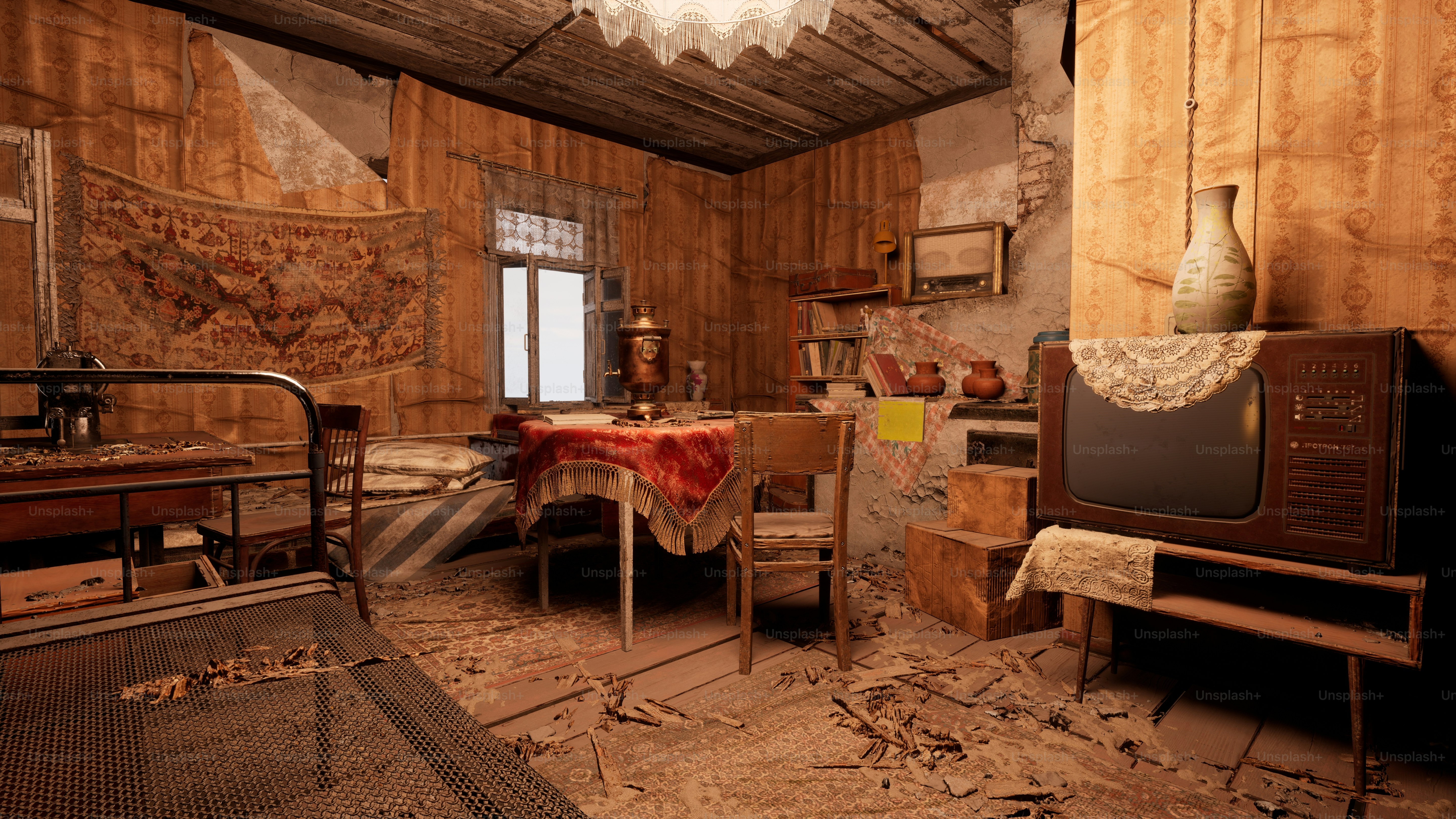 a room with a table and a tv in it