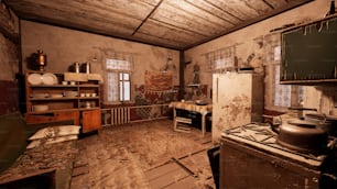 a dirty kitchen with a stove and a refrigerator