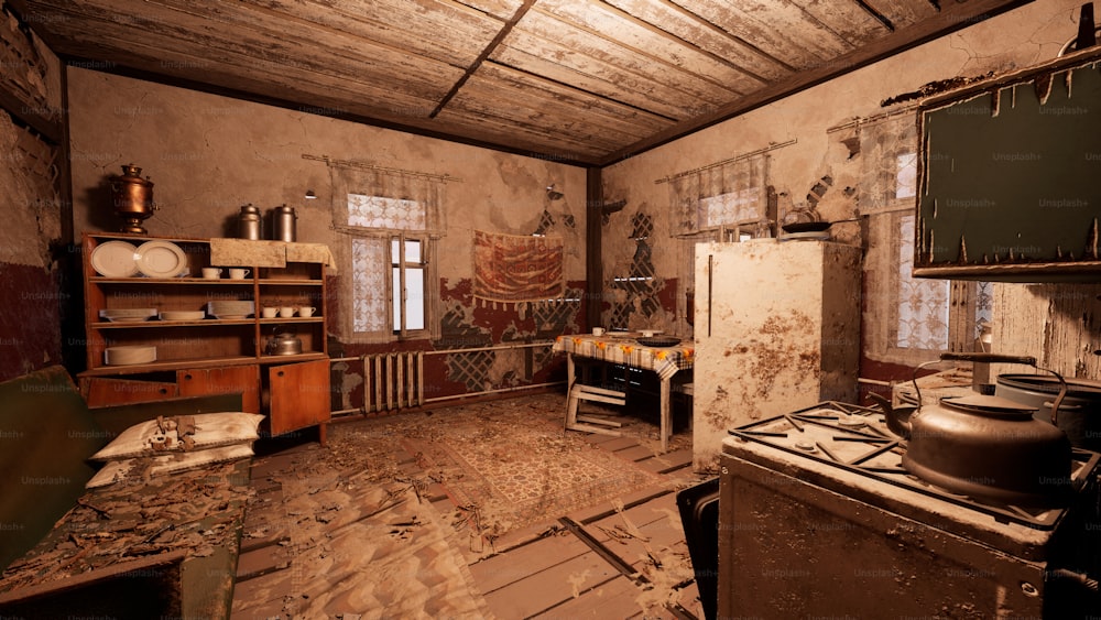 a dirty kitchen with a stove and a refrigerator