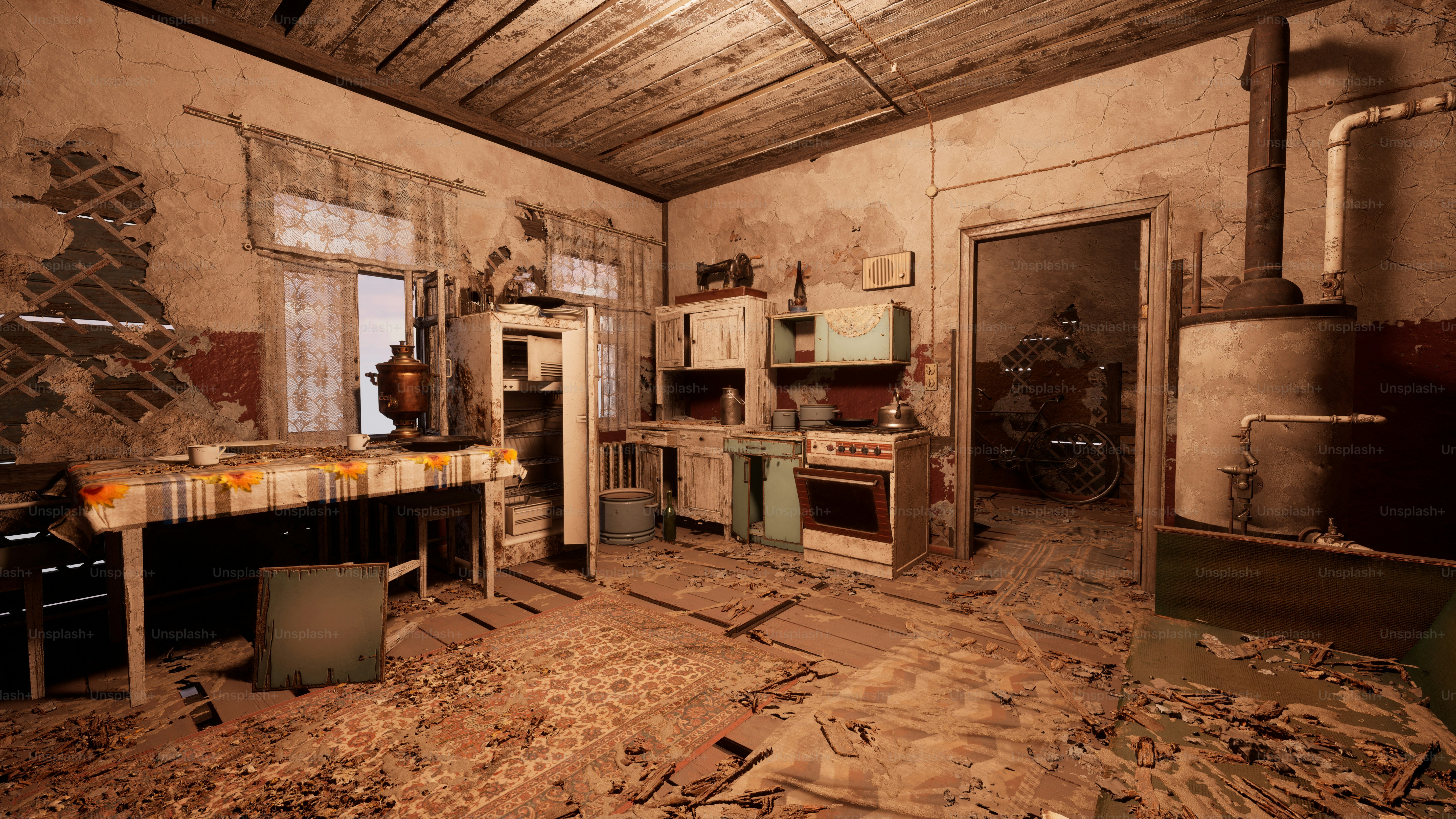 A run down kitchen with a lot of debris on the floor photo – Home Image on  Unsplash, image size:3000x1688