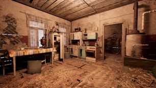 a run down kitchen with a lot of debris on the floor