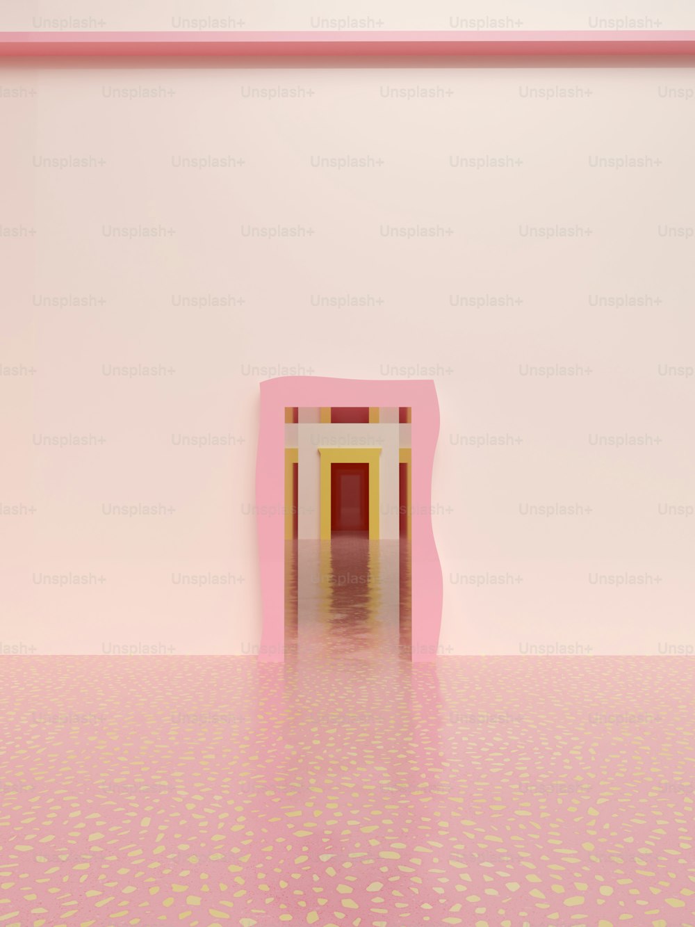 a room with a chair and a pink wall