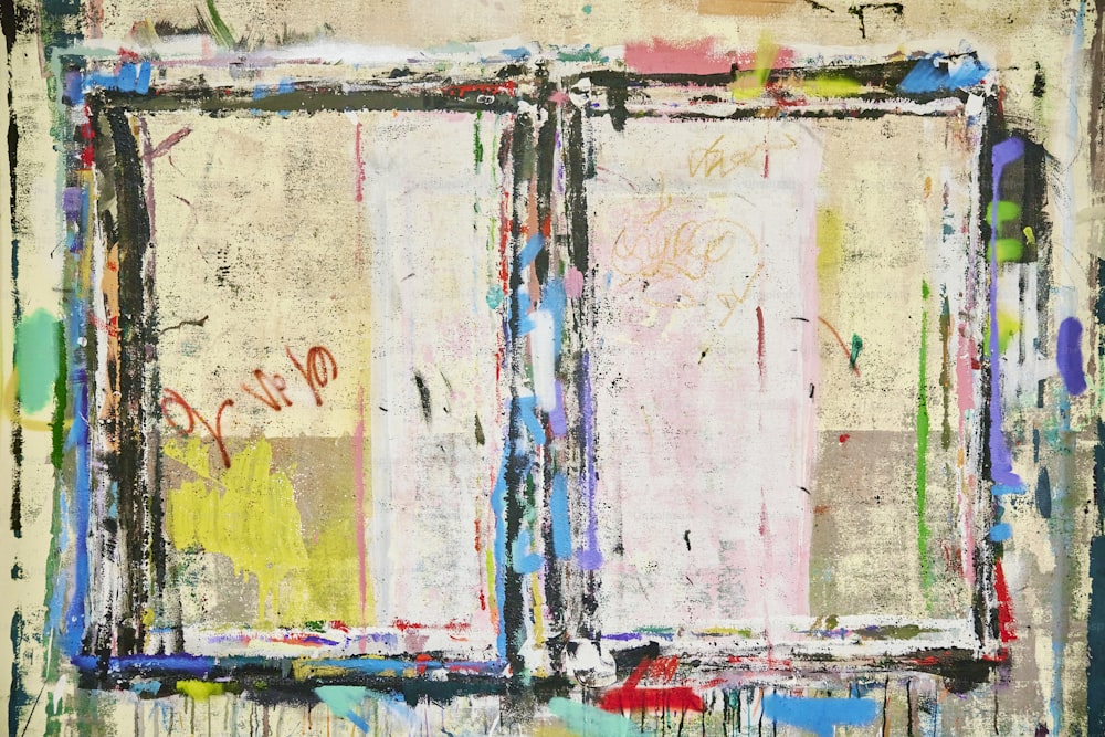 an abstract painting of a window with paint splattered on it
