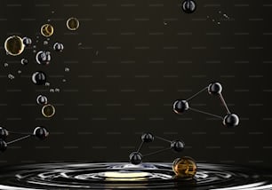 a group of spheres floating on top of a black surface