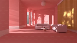 una sala de estar con paredes y muebles de color rosa