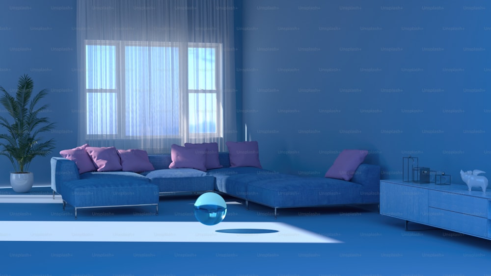 ein Wohnzimmer mit blauen Wänden und einer blauen Couch