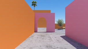 a pink and orange building with a palm tree in the background