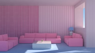 a living room with pink couches and a coffee table