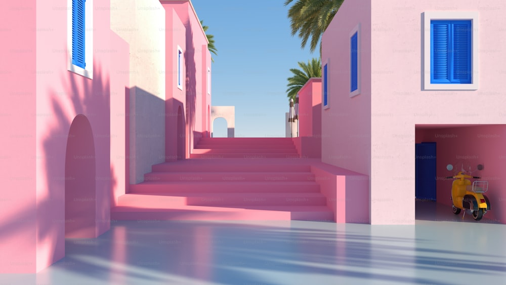 a pink building with blue shutters and palm trees